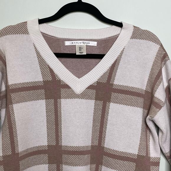 Max Studio V-Neck Sweater Long Sleeve Ribbed Hem Plaid Pullover Brown White L - Picture 6 of 12